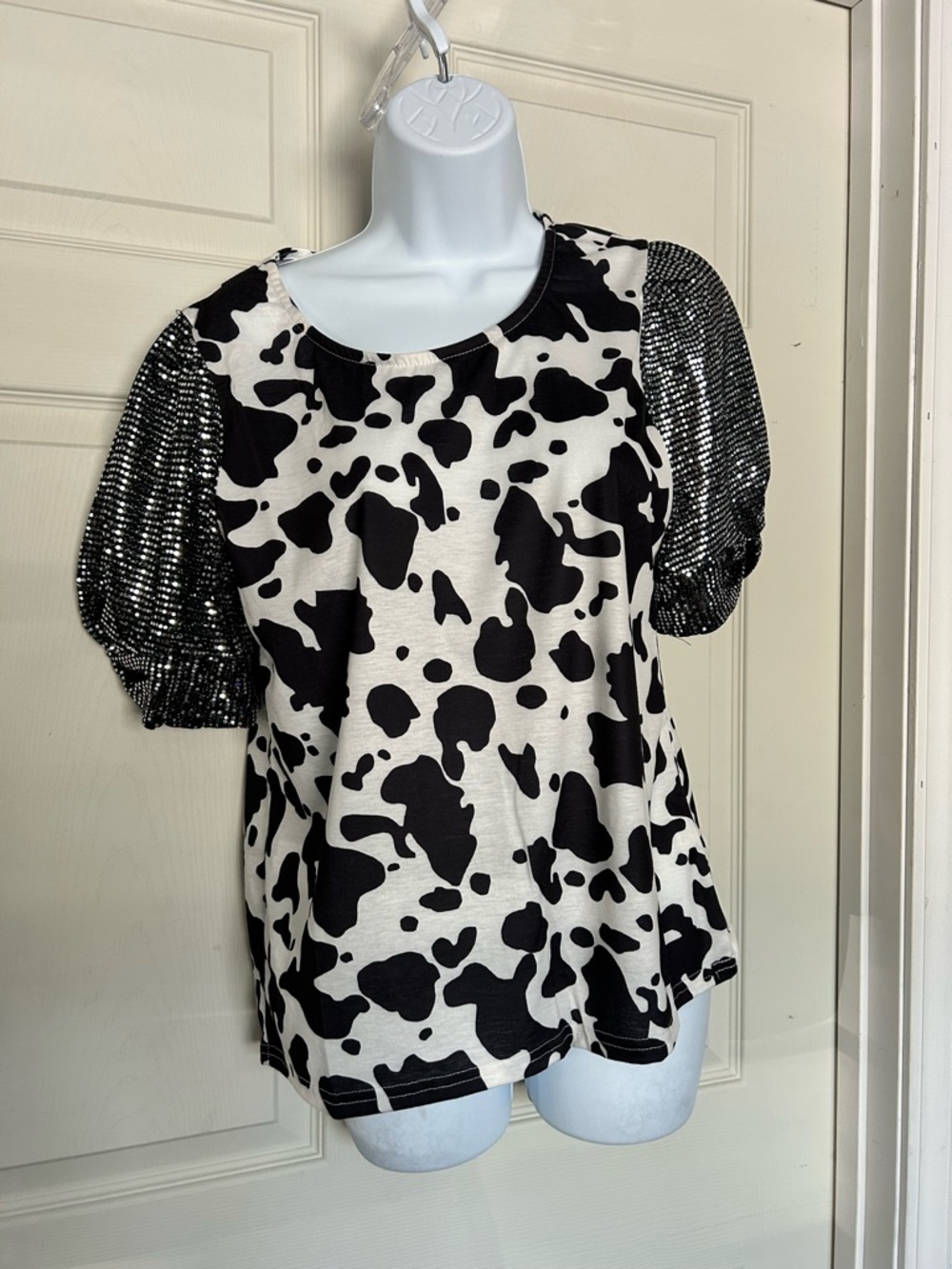 Black & White Cow Print Puff Sleeve Top